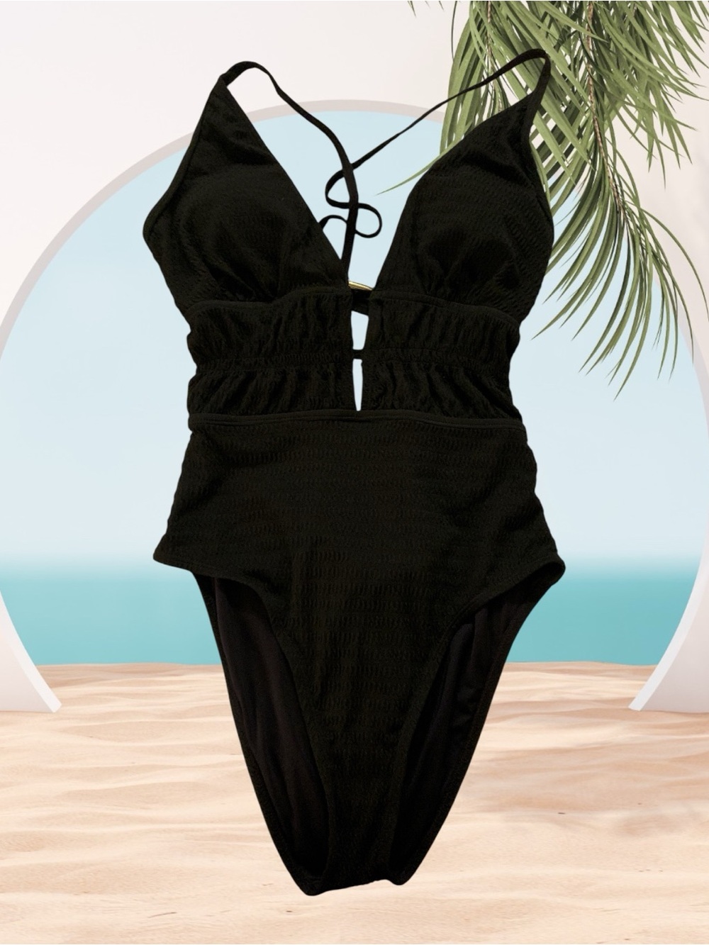 Black One-Piece Swimsuit with Front Cutout - Womens